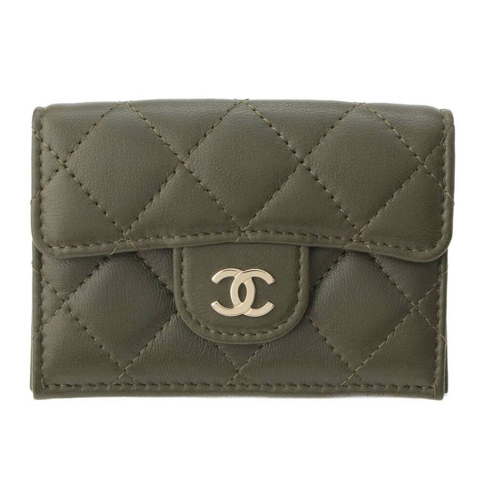 Chanel Coco Mark Matelasse Lambskin Tri fold Wallet Khaki Green